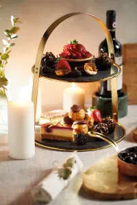 Artesa 2-Tier Brass Cake Display Serving Stand with Round Slate Platters Base