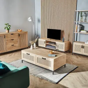 VonHaus Rattan TV Unit - Light Wood Wicker TV Cabinet - 2 Storage Cupboards & 2 Open Shelves Entertainment Unit, Max. 60" TV