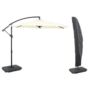 Ivory GardenCo 3m Cantilever Banana Hanging Parasol with Crank Handle Cover & Base - Cream/White