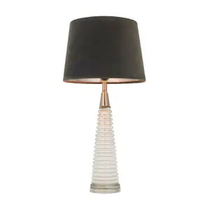 Table Lamp - Clear Ribbed Glass, Bright Nickel Plate & Mocha Velvet - 40W E27