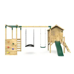 Rebo Orchard 4ft Wooden Children's Playhouse, Swings, Monkey Bars, Deck & 6ft Slide - Double Swing - Sage Green