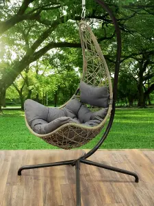 Grey Round Weave Hanging Chair - Grey Cushion