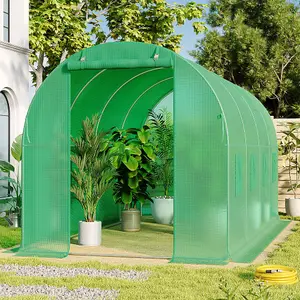 Green Walk In Steel Frame Garden Tunnel Greenhouse with Roll Up Door Windows, 4x3x2M