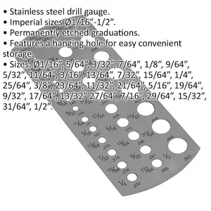 Imperial Drill Gauge - 1/16" to 1/2" - Etched Graduations - Stainless Steel