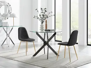 Furniturebox UK Novara 100cm Round Black Leg Dining Table & 2 Black Corona Gold Chairs