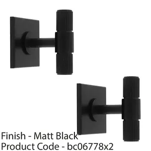 2 PACK - Reeded T Bar Cabinet Door Knob & Matching Backplate Lined Matt Black 40 x 40mm