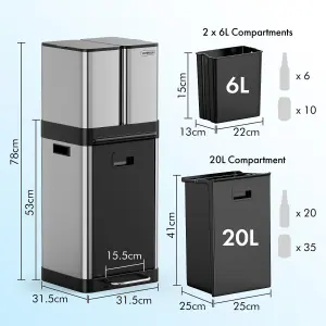 VonHaus Triple Recycling Bin 32L for Kitchen, Stainless Steel Recycling Bin with Three Compartments, Two 6L Removeable Inner Bins