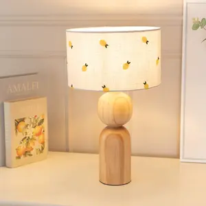 ValueLights Azalea Rustic Wooden Table Lamp with Lemon Embroidered Drum Shade