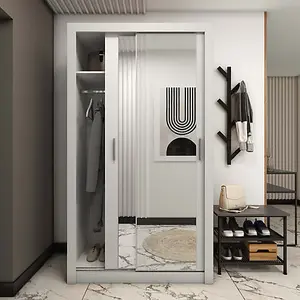 Chic Mirrored Sliding Wardrobe with Shelves in White - Organiser Dream (H2150mm x W1200mm x D600mm)