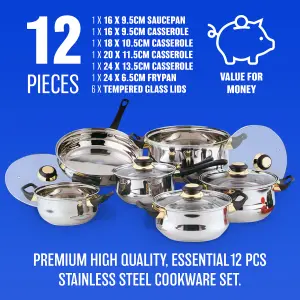 12Pc Stainless Steel Cookware Saucepan Frypan Casserole Set With Glass Lid