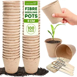 100-Pack 8cm Fibre Plant Pots for Seedlings with Wooden Labels - Biodegradable Seed Pots for Transplanting, Gardening, and Growing