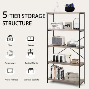 Costway 5-Tier Bookshelf Industrial Wood Bookcase Freestanding Display Rack Organizer