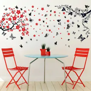 Walplus Blossom Flower with Butterfly Wall Sticker Art Decoration Decal DIY Black, Red PVC