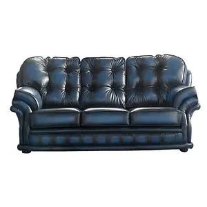 Chesterfield 3 Seater Antique Blue Leather Sofa Bespoke In Knightsbridge Style