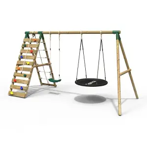 Rebo Wooden Swing Set with Up and Over Climbing Wall - Vale Green