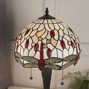 Luminosa Dragonfly 2 Light Small Table Lamp Dark Bronze, Beige, Tiffany Style Glass, E27