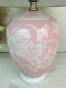 Pink Floral Ceramic Table Lamp with Pleated Shade