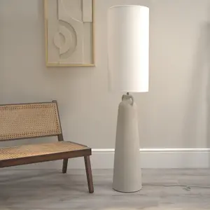 ValueLights Grayson Natural Cement Effect Ceramic Midi Floor Lamp with Cylinder Shade