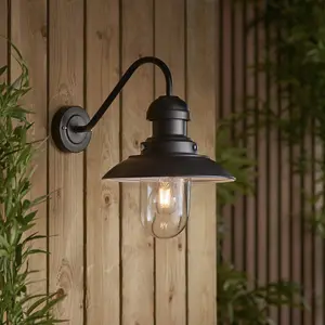 Matt Black Outdoor Fisherman Wall Light & Clear Glass Shade - Front Porch Light