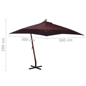 Berkfield Hanging Parasol with Pole Bordeaux Red 3x3 m Solid Fir Wood