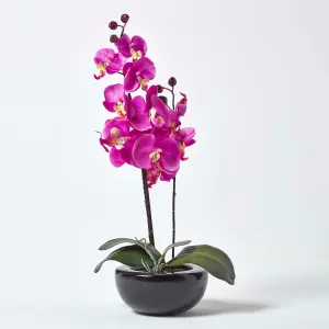 Homescapes Oriental Style Cerise Orchids in Black Bowl