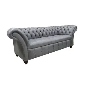 Chesterfield 3 Seater Buttoned Seat Sofa Vintage Cracked Wax Ash Grey Leather In Balmoral Style