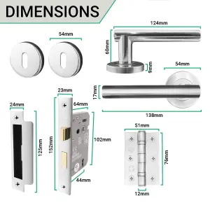 EAI Chrome Door Handle T-Bar Lever on Rose Lock Kit / Pack - 64mm Sash Lock & 76mm Hinges - Polished Chrome