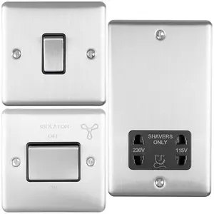 SATIN STEEL Bathroom Switch Set -1 Light - 1 Fan Isolator - 1 Twin Shaver Socket