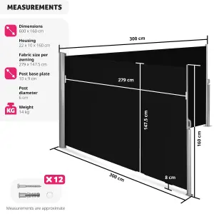 Double-sided garden privacy screen w/ retractable awnings - black