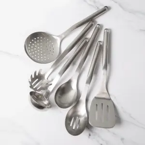 6pc Premium Stainless Steel Utensil Set with Slotted Spoon, Slotted Turner, Cooking Spoon, Ladle, Pasta Server & Strainer