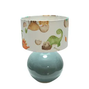 ValueLights Bosco Eucalyptus Ceramic Table Lamp with Dinosaur Drum Shade - LED Bulb Included