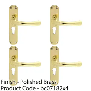 4 PACK - Rounded Smooth Latch & EURO Lock Door Handle - Polished Brass Lever on Backplate