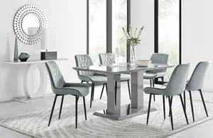 Imperia Grey High Gloss 6 Seater Dining Table with Structural 2 Plinth Column Legs 6 Grey Velvet Black Leg Pesaro Chairs