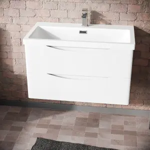 Nes Home Modern 800mm White Wall Hung Basin Sink Vanity with Storage Drawers