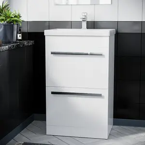 Nes Home 500mm Gloss White 2 Drawer Basin Vanity Cabinet Floor Standing Ceramic Sink