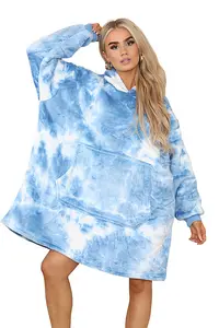 MS9 Women's Oversized Hoodie Wearable Blanket Hoodie Top With Sherpa Lining Dark Blue and White