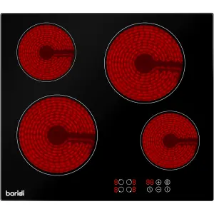 60cm 6000W 4 Zone Ceramic Electric Hob with Touch Control - Black Glass Finish