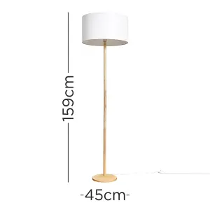 ValueLights Triston Single Stem Natural Light Wood Floor Lamp with White Drum Shade