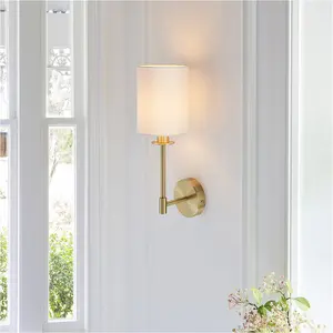 Satin Brass Dimmable Wall Light - Modern Vintage White Cylinder Shade - 6W LED E14