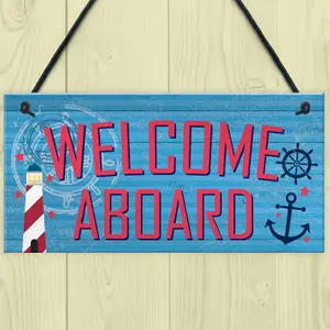 Red Ocean Welcome Aboard Nautical Seaside Marine Theme Gift Hanging Plaque Bathroom Bedroom Boat Sign