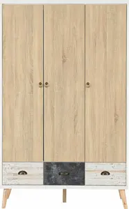 Nordic 3 Door 3 Drawer Wardrobe in White Distressed Effect