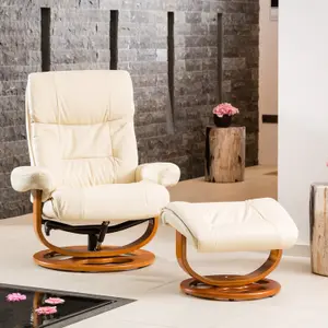 Barriston Bonded Leather and PU Swivel Based Based Recliner Chair and Stool and Footstool - Cream