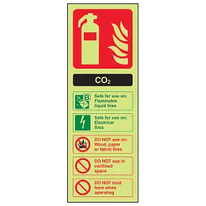 CO2 Fire Extinguisher Safety Sign - Glow in the Dark - 75x200mm (x3)