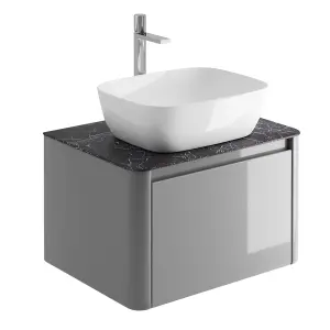 Mayfair Gloss Light Grey Wall Hung Bathroom Vanity Unit with Black Slate Countertop (W)650mm (H)406mm