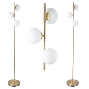 First Choice Lighting Pair of Satin Brass Floor Lamps with Opal Globe Shades