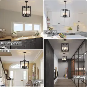 Garwarm Black 4-Light Metal Cage Pendant Light Adjustable Height for Kitchen Island Farmhouse Hallway