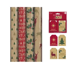 Kraft Brown Eco Christmas Gift Wrapping Paper 4 x 4M Rolls + Tags Stag Tree Holy