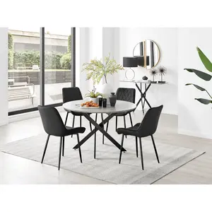 Tierra Modern Chrome Metal & Glass Round Dining Table Set with 4 Luxury Velvet Dining Chairs Black / Black / 75 x 120 x 120cm