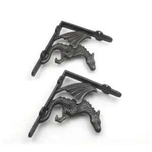 Oakcrafts - Pair of Antique Cast Iron Winged Dragon Shelf Brackets - 125mm x 150mm