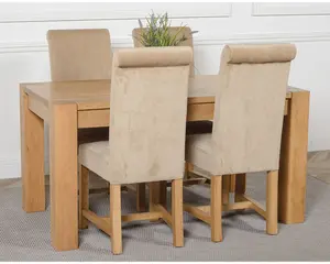 Kuba 150 x 85 cm Chunky Medium Oak Dining Table and 4 Chairs Dining Set with Washington Beige Fabric Chairs